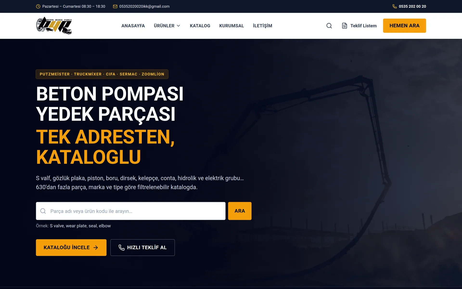 BYP Beton Yedek Parça web sitesi, ana sayfa ekran görüntüsü